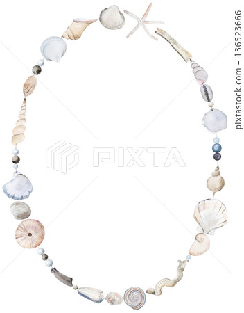 Hand drawn oval frame with watercolor seashells, copy space. Coastal wedding isolated illustration Hand drawn oval frame with watercolor seashells, copy space. Coastal wedding isolated illustration 136523666