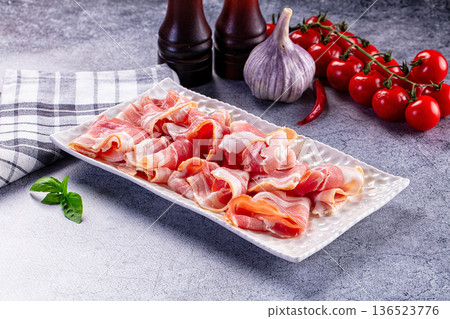 Raw uncooked pork bacon slice Raw uncooked pork bacon slice 136523776