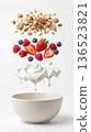 Infographic image of a layered breakfast, with yogurt, fruit, and cereals. Healthy meal concept 136523821