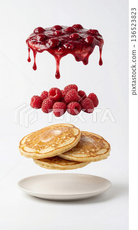 Infographic image of a layered breakfast, with pancakes, raspberries, and jam. Healthy meal concept 136523823