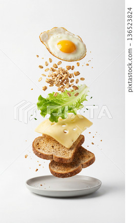 Infographic image of a layered breakfast, with toast, cheese, lettuce, rolled oats, and fried egg. Healthy meal concept 136523824