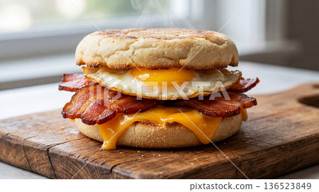 English muffin sandwich with crispy bacon, fried egg, and cheese English muffin sandwich with crispy bacon, fried egg, and cheese 136523849