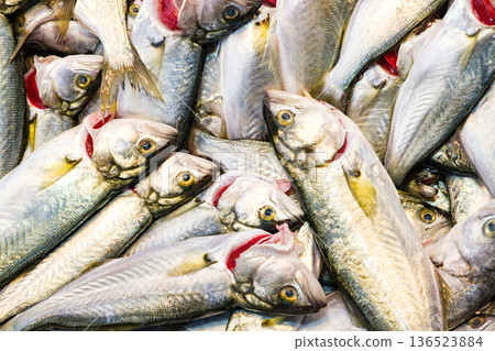 fresh raw whole fish in bulk in supermarket fresh raw whole fish in bulk in supermarket 136523884