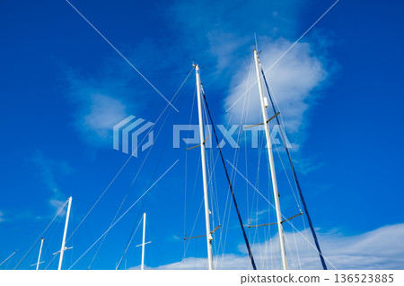 white masts of yachts without sails against the sky white masts of yachts without sails against the sky 136523885