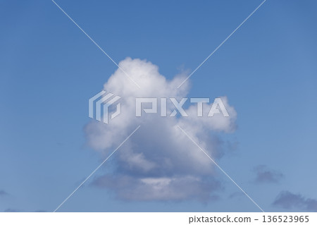 Single cumulus cloud floats in clear blue sky, a minimal daylight backdrop with wide copy space Single cumulus cloud floats in clear blue sky, a minimal daylight backdrop with wide copy space 136523965