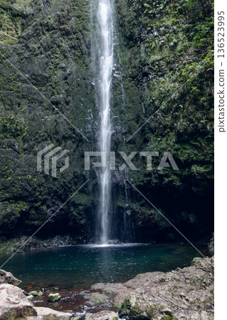 Caldeirao Verde Waterfall ends PR9 trail, plunging from basalt cliffs into a shaded emerald pool 136523995