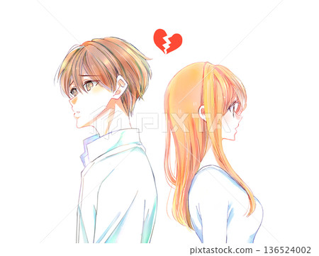 A man and woman standing back to back with negative expressions and a broken heart 136524002