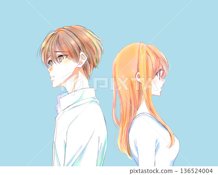 Men and women standing back to back with negative expressions Men and women standing back to back with negative expressions 136524004