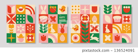 Vibrant pastel geometric pattern showcasing Easter symbols for various spring marketing needs 136524091