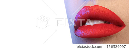 Cosmetics, makeup and trends. Bright lip gloss and lipstick on lips. Closeup of beautiful female mouth with juicy red lip makeup. Beautiful part of female face. Perfect clean skin Cosmetics, makeup and trends. Bright lip gloss and lipstick on lips. Closeup of beautiful female mouth with juicy red lip makeup. Beautiful part of female face. Perfect clean skin 136524097