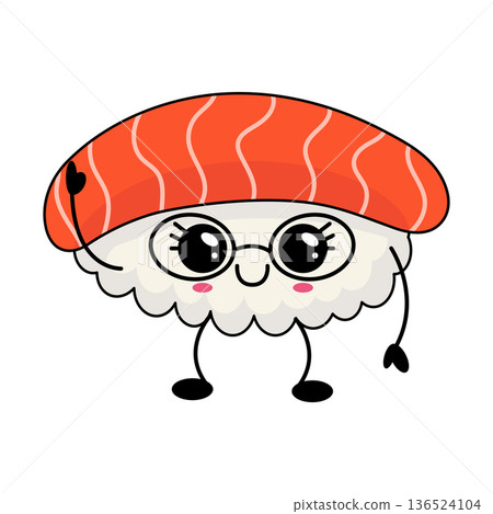 Cute Salmon Sushi Character waving his hand, wearing glasses 136524104