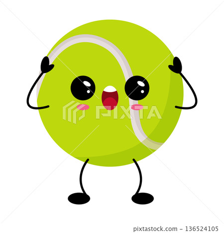 Tennis ball kawaii character, surprised, holding his head with his hands 136524105