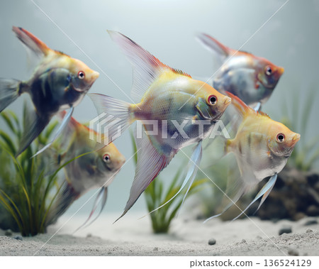 Tropical fish angelfish aquarium underwater group swimming peaceful scene 136524129