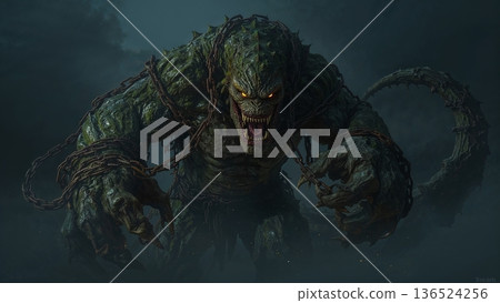 Monster in rusty chains going in the night, fantasy art background 136524256