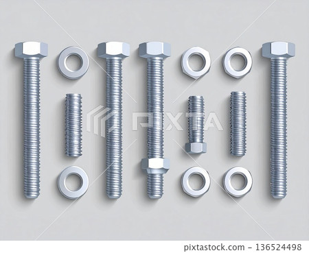 Matching bolts and metal parts over gray background 136524498