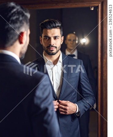 Man in a suit looks at a strange reflection in the old mirror, horror or thriller scene concept. 136524613
