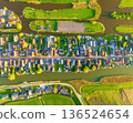 Aerial panoramic view of a traditional Dutch village with canals, houses and green farmland fields 136524654
