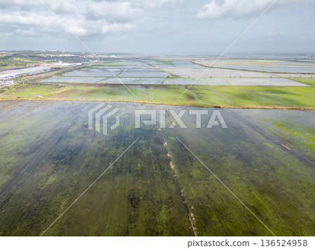 Fluvial Flood on Tagus River in Azambuja, Lisbon, Portugal. Aerial View Fluvial Flood on Tagus River in Azambuja, Lisbon, Portugal. Aerial View 136524958