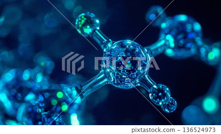 Macro view of a hyper-detailed molecule with glowing bioluminescent highlights 136524973