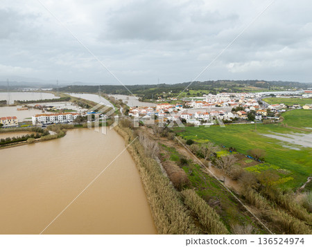 River Flood on Tagus in Vila Nova da Rainha, Lisbon, Portugal. Aerial View 136524974