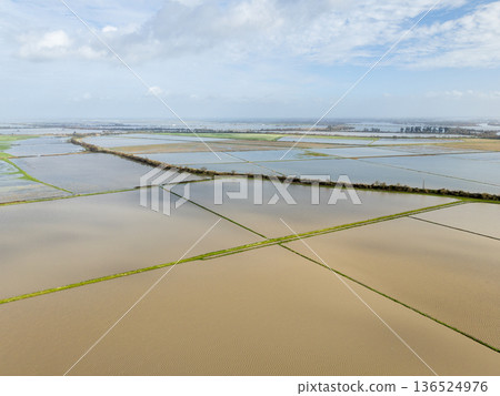 Fluvial Flood on Tagus River in Azambuja, Lisbon, Portugal. Aerial View 136524976