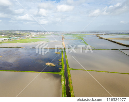 Fluvial Flood on Tagus River in Azambuja, Lisbon, Portugal. Aerial View 136524977