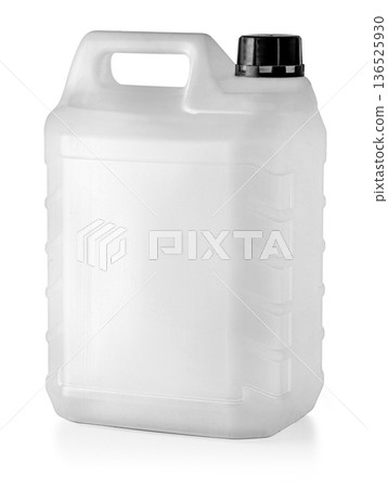 White plastic jerrycan with black cap for liquid storage White plastic jerrycan with black cap for liquid storage 136525930
