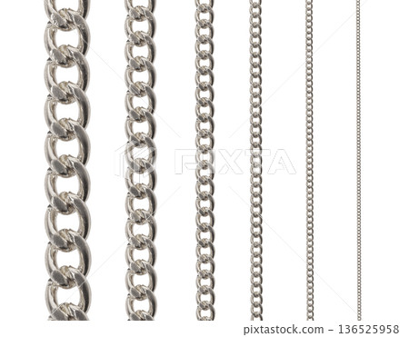 Silver chains in varying sizes hanging isolated on transparent background Silver chains in varying sizes hanging isolated on transparent background 136525958