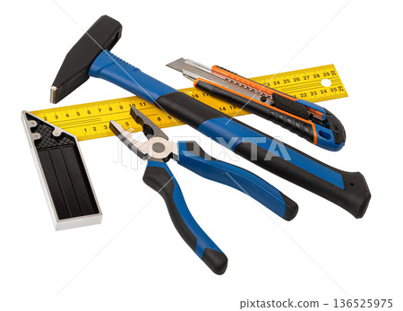Assortment of construction hand tools on transparent background 136525975