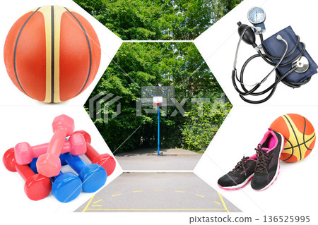 Sports and health collage with basketball court, equipment, and medical tools Sports and health collage with basketball court, equipment, and medical tools 136525995