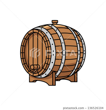 Traditional wooden barrel for wine or beer resting on a small stand with a silver metal tap on its front side Traditional wooden barrel for wine or beer resting on a small stand with a silver metal tap on its front side 136526104