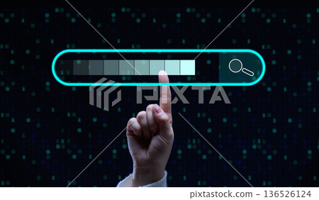 The index finger touches the virtual search bar from the neon blue frame, gradient loading scale. The index finger touches the virtual search bar from the neon blue frame, gradient loading scale. 136526124
