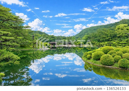 湖的新綠色和風景在Kuribayashi公園年輕葉子浮出水面 136526133