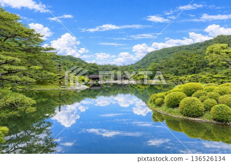 湖的新綠色和風景在Kuribayashi公園年輕葉子浮出水面 136526134