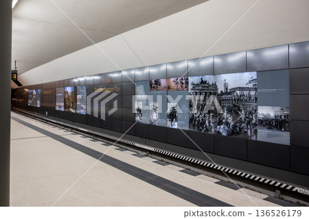 Berlin, germany, august 13, 2023. Public transport u-bahn subway station in berlin, germany, presenting a historical exhibition about brandenburger tor 136526179