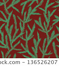 Festive botanical winter vector seamless pattern. Green fir tree branches on dark red background. Traditional Christmas evergreen spruce tree twigs repeat tile for wrapping, seasonal print, textile 136526207
