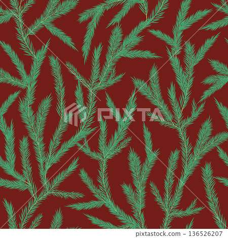Festive botanical winter vector seamless pattern. Green fir tree branches on dark red background. Traditional Christmas evergreen spruce tree twigs repeat tile for wrapping, seasonal print, textile 136526207
