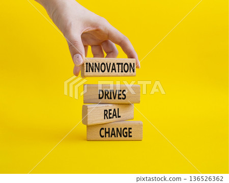Innovation symbol. Wooden blocks with words Innovation drives real change. Businessman hand. Beautiful yellow background. Business and Innovation concept. Copy space 136526362