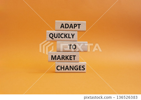Market Changes symbol. Wooden blocks with words Manage and Adapt quickly to market changes . Beautiful orange background. Businessman hand. Business and Market Changes concept. Copy space 136526383