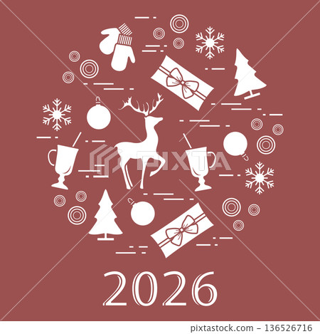 Christmas-themed illustration with a reindeer, gifts, and holiday ornaments on a red background 136526716