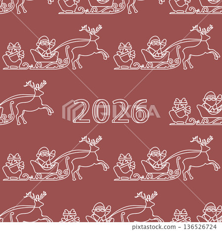 Christmas pattern with Santa Claus, reindeer, and gifts on red background with text copy space Christmas pattern with Santa Claus, reindeer, and gifts on red background with text copy space 136526724