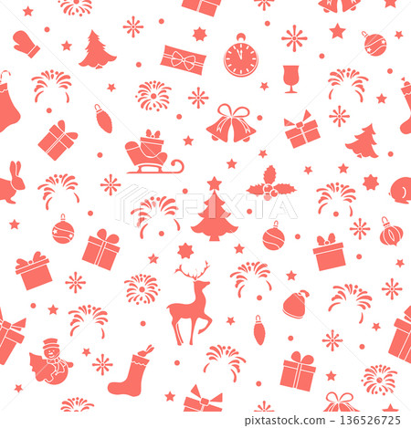 Christmas themed pattern with red icons including gifts, trees, and snowflakes on white background Christmas themed pattern with red icons including gifts, trees, and snowflakes on white background 136526725