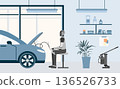 Robot mechanic working on car in garage with open hood, featuring modern technology background 136526733