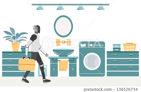 Robot carrying toolbox in modern laundry room highlighting futuristic home technology 136526734