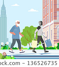Elderly man and humanoid robot walking in city with shopping bags, urban landscape background 136526735