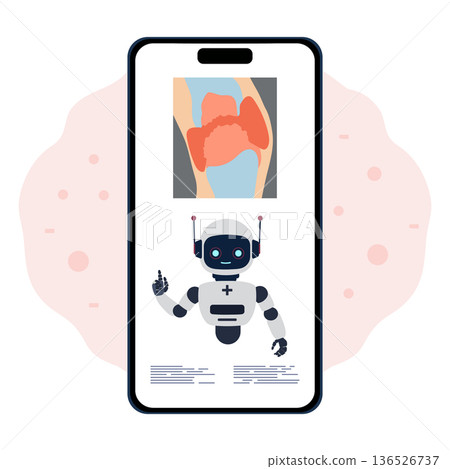 Medical AI robot on smartphone screen with anatomical knee illustration in background 136526737