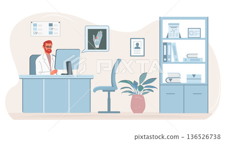 Doctor at desk in medical office with anatomy chart, organized workspace, modern healthcare setting Doctor at desk in medical office with anatomy chart, organized workspace, modern healthcare setting 136526738