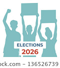 Election protest silhouette with raised fists and signs, 2026 theme, isolated on white background 136526739
