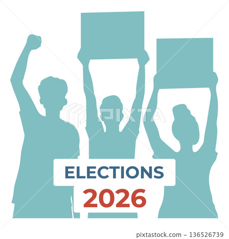 Election protest silhouette with raised fists and signs, 2026 theme, isolated on white background 136526739