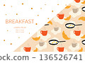 Breakfast pattern with cups, fried eggs, and croissants on white and beige background 136526741